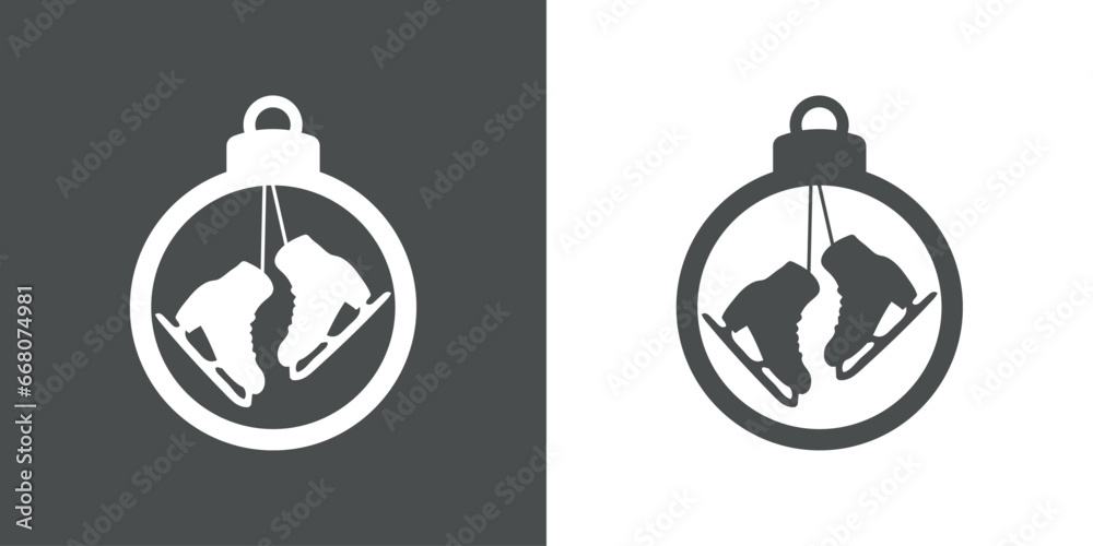 Tiempo de Navidad. Botas para patinaje sobre hielo. Logo con silueta de bola de navidad con un par de patines para hielo colgando de cordones para su uso en invitaciones y felicitaciones Tiempo de Navidad. Botas para patinaje sobre hielo. Logo con silueta de bola de navidad con un par de patines para hielo colgando de cordones para su uso en invitaciones y felicitaciones