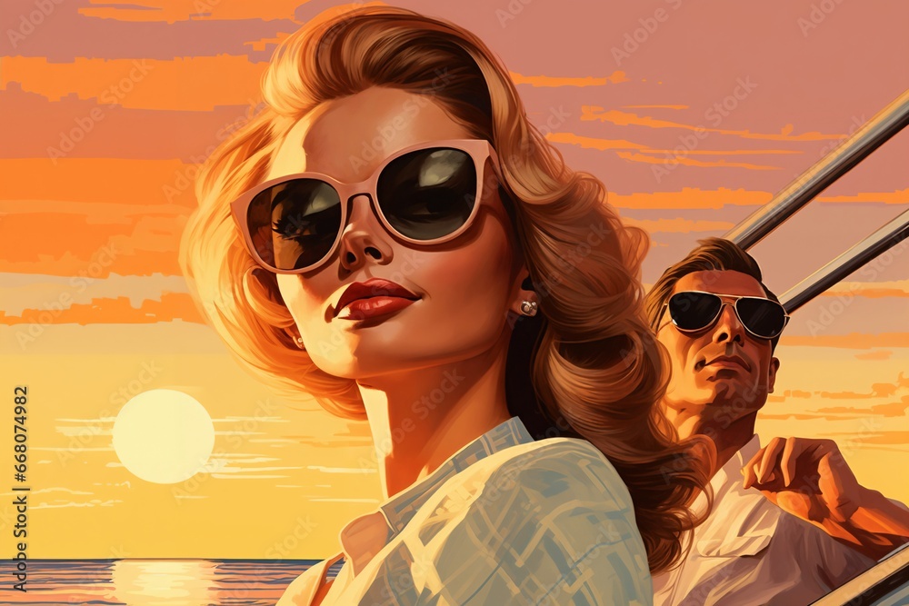 Fototapeta premium Portrait of a romantic couple, man and woman, on a yacht, at sunset, blue sky and sea as background. Illustration, poster in style of the 1960s