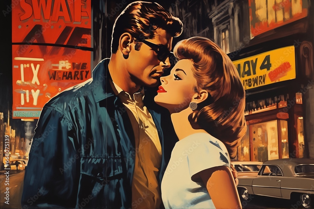 Romantic couple, man and woman, embracing in a city street, at night. Illustration, poster in the style of 1960