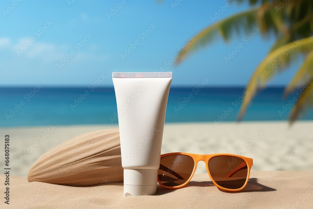 Sunscreen Lotion And Sunglasses On Sandy Beach Background