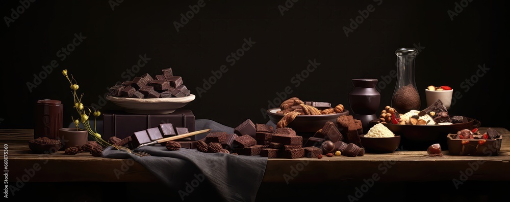 Table Filled With Chocolate Products, Dark Food Photography