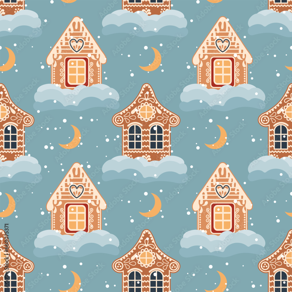 Christmas seamless pattern of gingerbread houses with snow and moon. Festive background in flat cartoon style. Vector