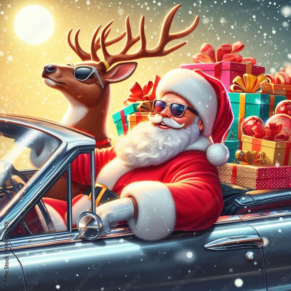 Weihnachtsmann mit einem Rentier im Cabrio - obrazy, fototapety, plakaty 