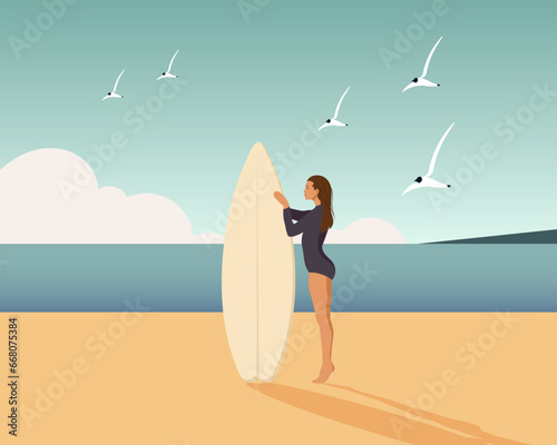 Girl surfer on the seashore with a surfboard on the seashore. Sports and recreation. Illustration, vector