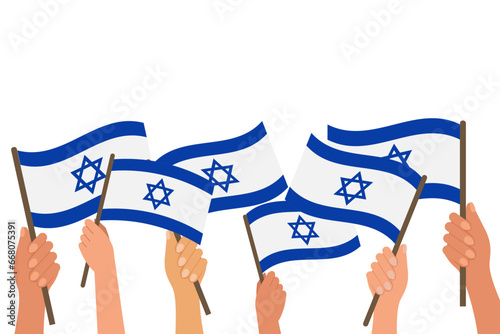 Many hands with Israeli flags. Israel Independence Day. Illustration, vector