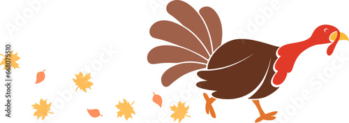 Turkey bird silhouette runs with autumn leaves on a white background. Thanksgiving Day