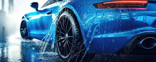 Close up view of luxury  sports car wash with fresh water drops, panorama. Generative Ai © annamaria