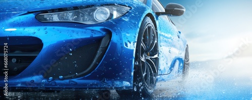 Close up view of luxury  sports car wash with fresh water drops, panorama. Generative Ai