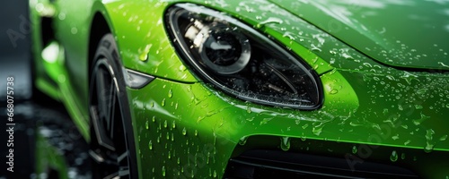 Close up view of luxury  sports car wash with fresh water drops, panorama. Generative Ai © annamaria
