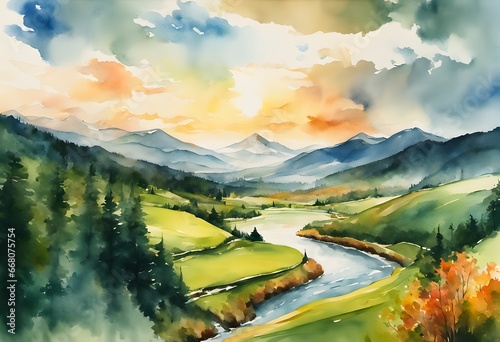 A lush, rolling landscape with a gentle stream meandering through vibrant green pastures. The soft, flowing watercolors could capture the peacefulness of the scene. Generative Ai.