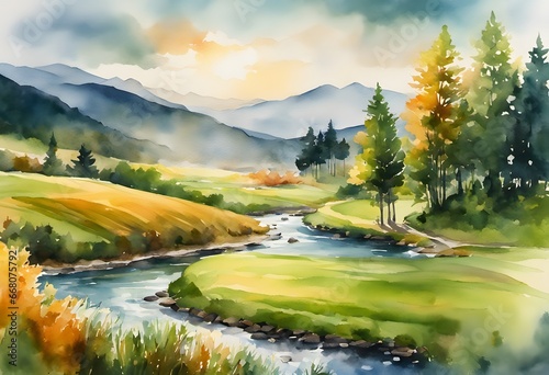 A lush, rolling landscape with a gentle stream meandering through vibrant green pastures. The soft, flowing watercolors could capture the peacefulness of the scene. Generative Ai.