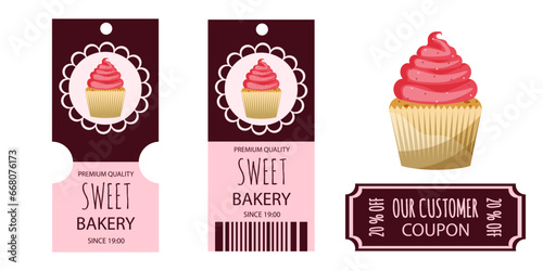Advertising Design for premium Bakery with coupon and logo with delicious Cake. Cartoon cake with pink cream. Set tags for Bakery shop isolated transparent background. Vector illustration.