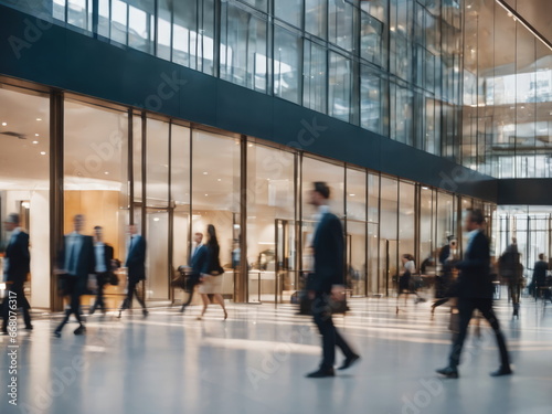 crowd of business people walking in bright office lobby fast moving with blurry