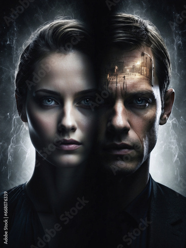 Poster for thriller movie with main character couple on dark background