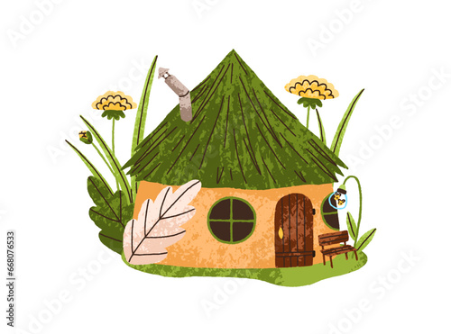 Fairytale garden house. Fantasy forest home. Cute tiny fancy gnome dwelling in nature among flowers, leaf plants. Fairy-tail building. Flat graphic vector illustration isolated on white background