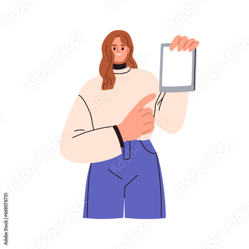 Woman showing blank screen, holding digital tablet computer in hand. Business...