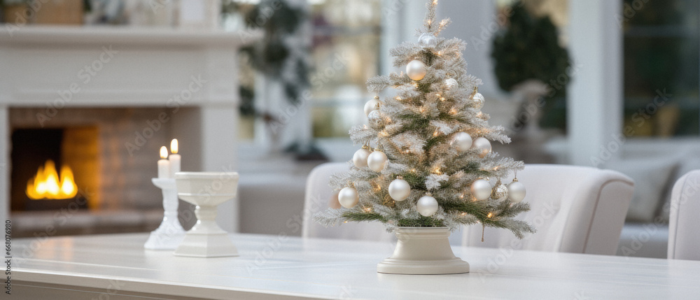 Christmas tree and candles on white table in living room. Christmas tree and candles on white table in living room.
