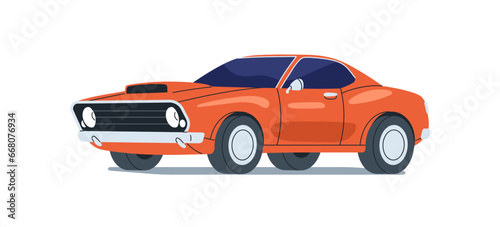 Old muscle car in retro style. Vintage American auto of 70s. Classy oldschool 1970s automobile, road automotive transport model. Flat vector illustration isolated on white background