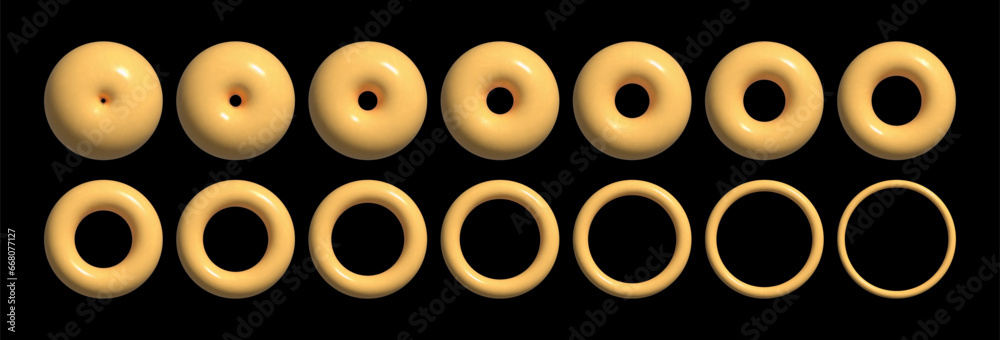 Fototapeta premium Set of inflated and volumetric 3D vector icons in Memphis style. Round brutalism forms, galactic systems, space objects.