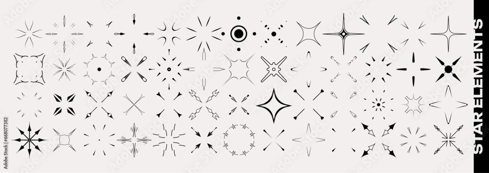 Set of vector flickering star icon. Y2k shapes  in korean disco style. Shimmering objects and sparkling figures