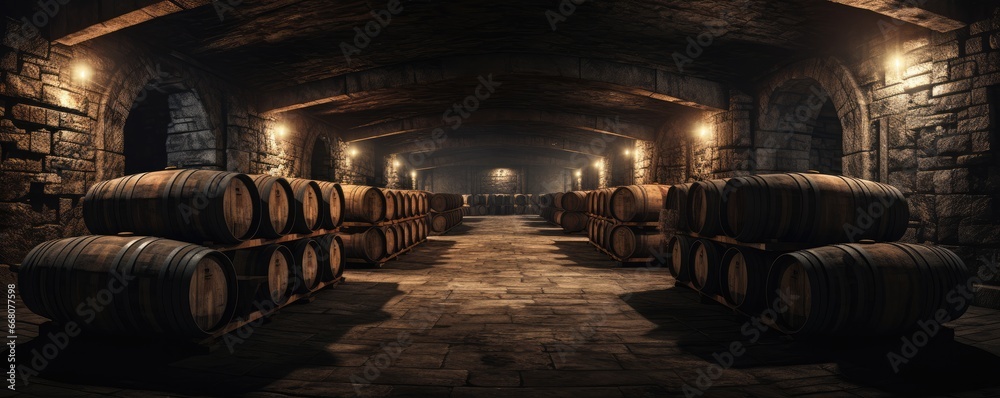 Modern luxury underground interior of old cellar with wine wooden barrels, panorama. Generative Ai. Modern luxury underground interior of old cellar with wine wooden barrels, panorama. Generative Ai.