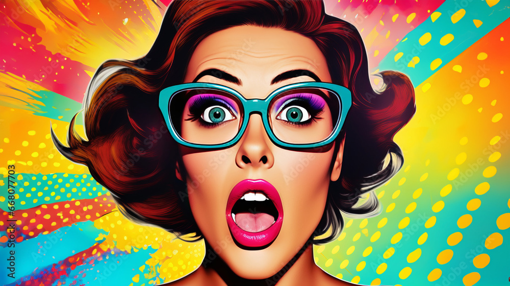 Portrait of surprised woman in glasses in retro pop art style ...