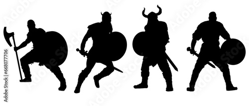 Set of silhouettes of viking warriors - vector illustration