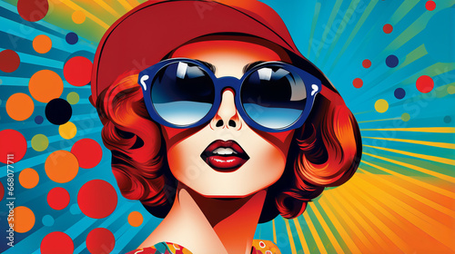 Retro pop art style portrait of woman in sunglasses against vibrant background, allure of vintage aesthetics evoking nostalgia for past and symbolizing spirit of bygone eras of retro fashion
