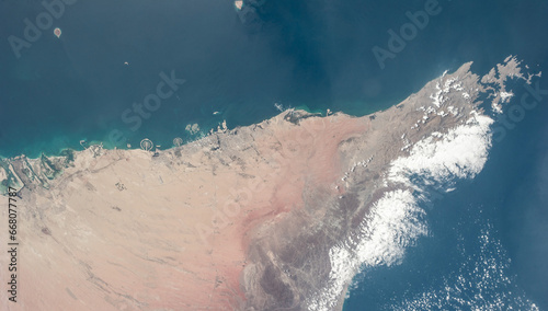 Extension of Dubai City and Northern Emirates on the Arabian Gulf coast of the United Arab Emirates from space. Elements of this image furnished by NASA