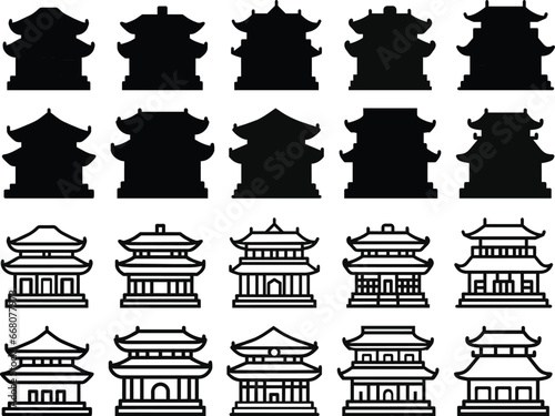 Set of traditional Chinese buildings, houses and pagoda, Chinese architecture in black and white, outline, vector illustration isolated