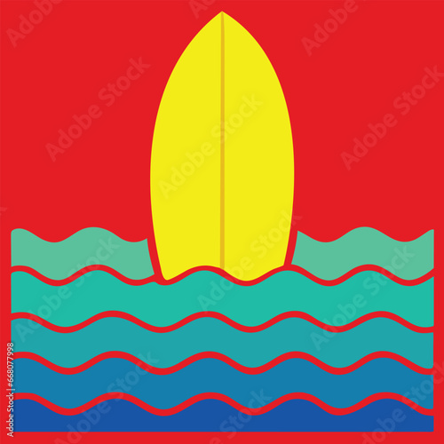 Surf board on a wave, red sunset, flat cartoon vector illustration