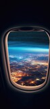 View Of City Lights From Plane Window On Night Flight