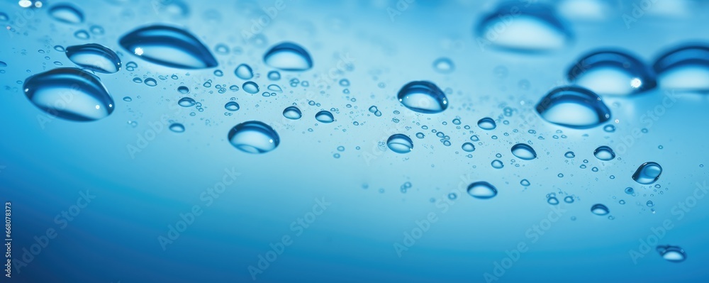 Macro water drops in blue clear drinking water, panorama banner. Generative Ai. Macro water drops in blue clear drinking water, panorama banner. Generative Ai.