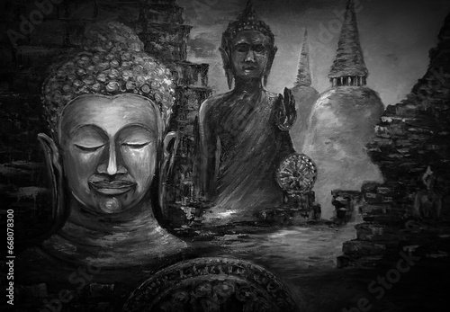 Original art painting oil color White and black Buddha statue thailand