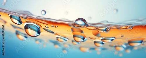 Macro water drops in blue clear drinking water, panorama banner. Generative Ai.