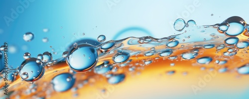 Macro water drops in blue clear drinking water, panorama banner. Generative Ai. © annamaria