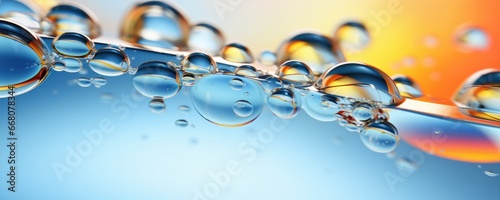 Macro water drops in blue clear drinking water, panorama banner. Generative Ai. © annamaria