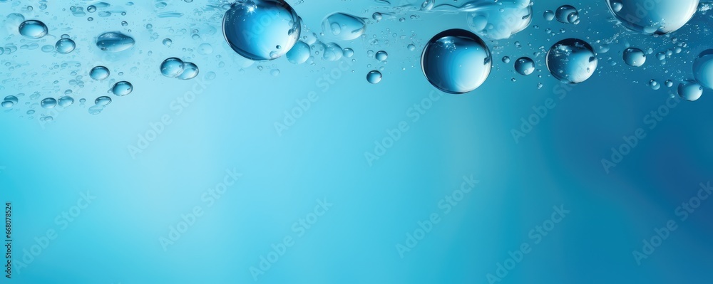 Macro water drops in blue clear drinking water, panorama banner. Generative Ai.