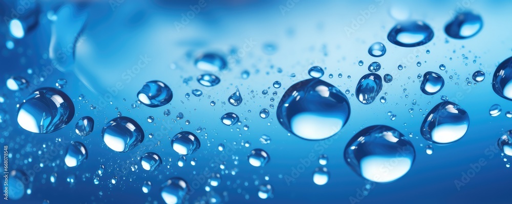 Macro water drops in blue clear drinking water, panorama banner. Generative Ai.