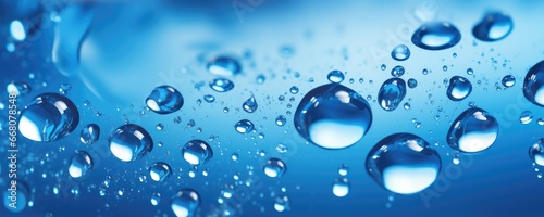Macro water drops in blue clear drinking water, panorama banner. Generative Ai.