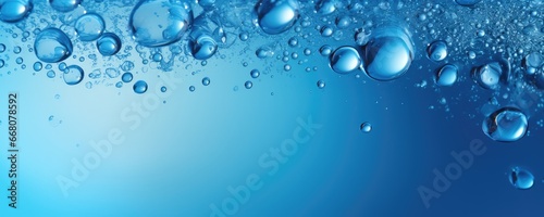 Macro water drops in blue clear drinking water  panorama banner. Generative Ai.