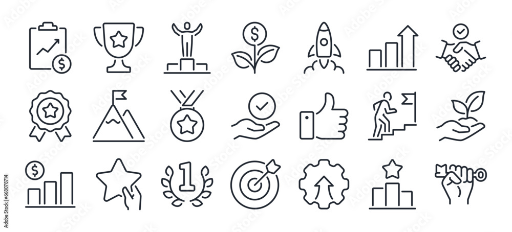 Success, award, growth, win, thumbs up, key editable stroke outline icons set isolated on white background flat vector illustration. Pixel perfect. 64 x 64. - obrazy, fototapety, plakaty 