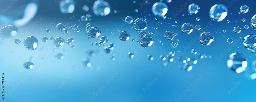 Macro water drops in blue clear drinking water, panorama banner. Generative Ai. Macro water drops in blue clear drinking water, panorama banner. Generative Ai.