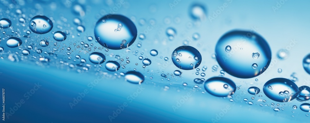 Macro water drops in blue clear drinking water, panorama banner. Generative Ai. Macro water drops in blue clear drinking water, panorama banner. Generative Ai.