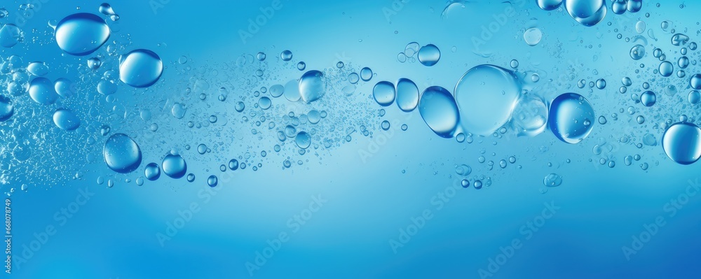 Macro water drops in blue clear drinking water, panorama banner. Generative Ai.