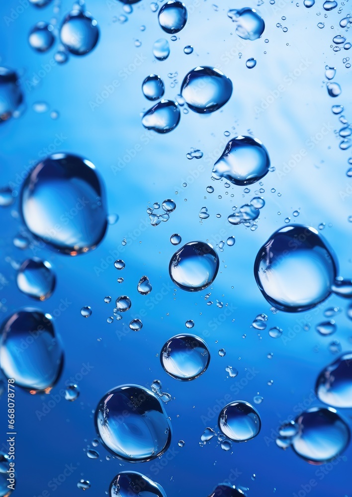 Macro water drops in blue clear drinking water. Generative Ai.