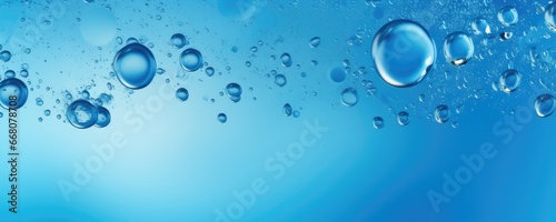 Macro water drops in blue clear drinking water, panorama banner. Generative Ai.