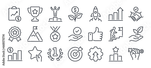 Success, award, growth, win, thumbs up, key editable stroke outline icons set isolated on white background flat vector illustration. Pixel perfect. 64 x 64.