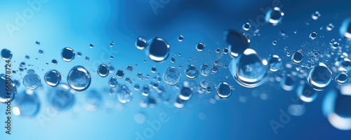 Macro water drops in blue clear drinking water  panorama banner. Generative Ai.