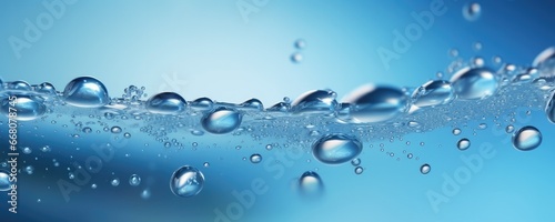 Macro water drops in blue clear drinking water, panorama banner. Generative Ai.